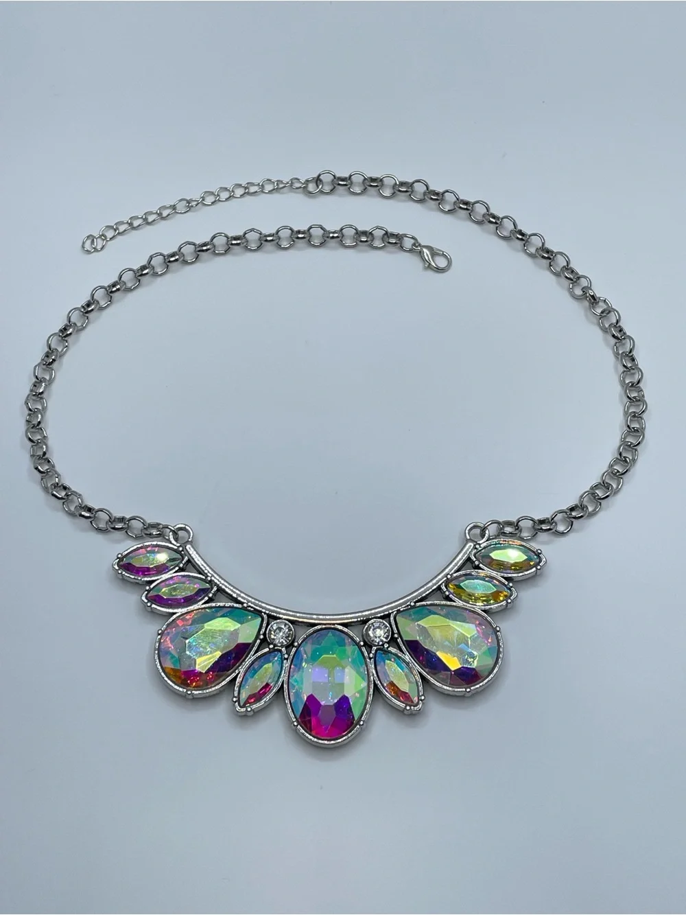 Silver AB Crystal Statement Bib Necklace Iridescent Glam Bold